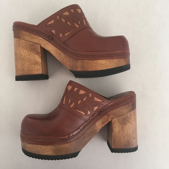 wood and leather clogs